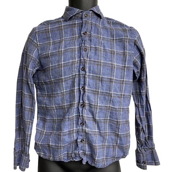 Singer Sargent Linen Shirt Mens Size S Blue Plaid Button Up Long Sleeve Preppy - Picture 2 of 7
